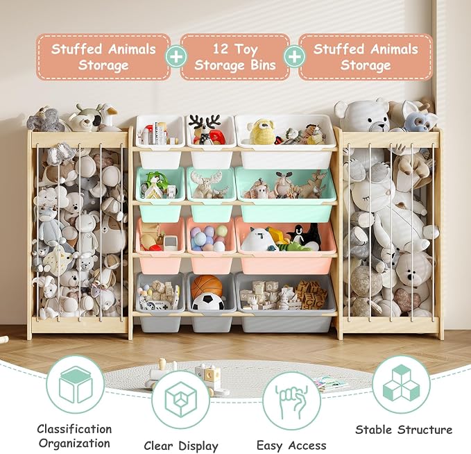 EXPERLAM Large Toy Storage Organizer, Wooden Stuffed Animal Storage & 12-Bins Toy Organizer, Double-Sided Plush Toy Holder Featuring Thicker Ropes, Space Save Playroom Bedroom Nursery Storage, Multi