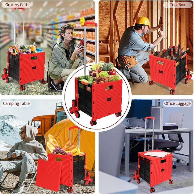 Foldable Utility Cart Collapsible Crate Rolling Carts with Stair Climbing Wheels Rolling Tote Basket Teacher Cart with Lid Wear-Resistant 360°Rotate Wheel Noiseless for Shopping Grocery Office