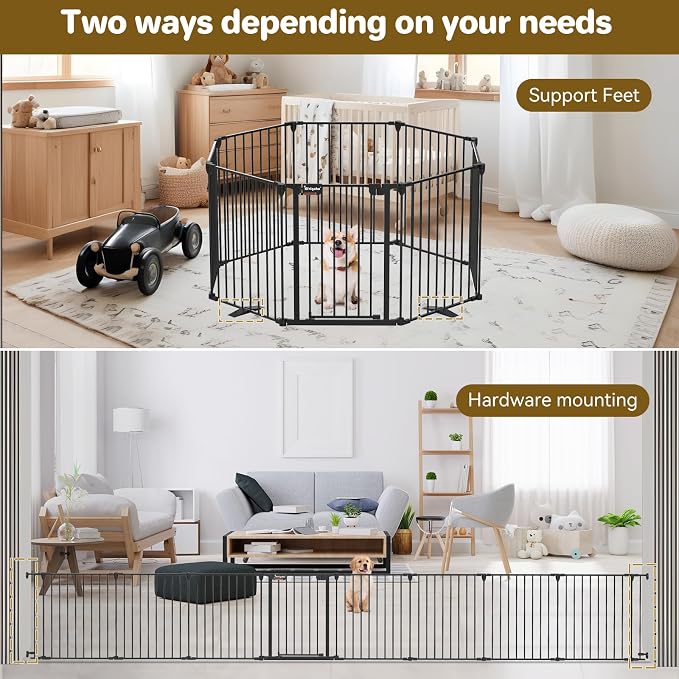 Kfvigoho Dog Gate 27.5"-199" Extra-Wide Playpen, Freestanding Pet Gate | Puppy Fence with Auto-Close Door, Double Locking System for Fireplace, Foldable (Black, 8 Panels)