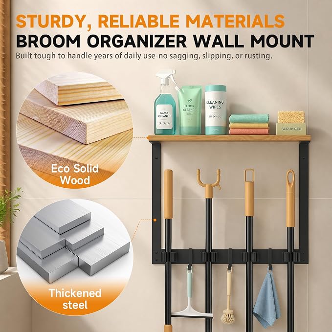 Broom Holder Wall Mount, Broom and Mop Organizer Wall Hanging with Solid Wood Frame,Organizer Rack Built with 4 Grippers & 3 Hooks; Broom Hanger Wall Mount for Laundry Room, Garages and Storage Room