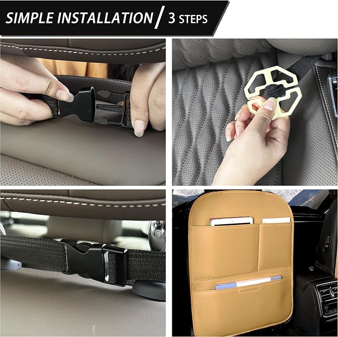 Kick Mat Back Seat Protector， Waterproof Leather Car Seat Back Organizers Cover with 3 Storage Pockets for Kids Pets SUV Sedan Minivan Truck Car Travel Accessories (Cayenne Yellow 2-pack)