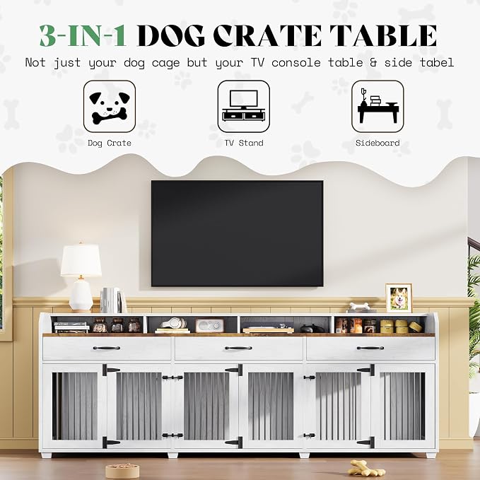 LUXOAK 95" Large Dog Crate Furniture with Storage 3-Room Indoor Dog Kennel | Dog Cage for Large/Medium Dogs, TV Stand & Sideboard with Drawers & Removable Divider, White+Barnwood