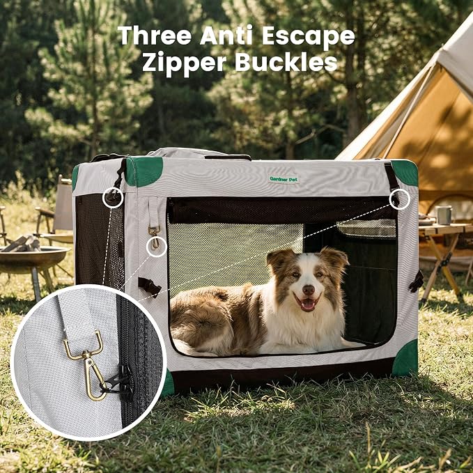 Gardner Pet Soft Collapsible Dog Crate - 26 Inch Portable Travel Dog Crate for Puppy/Small Dogs Indoor & Outdoor, 3-Door Pet Crate with Durable Mesh Windows & Storage Bag, Grey