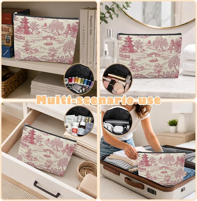 Pink Toile Empty Mahjong Tile Bag 13x7.8 Inch | Chinoiserie Printed Portable Travel Case Organizer Zipper Pouch for American Mahjong Tiles Game Night Accessories and Gifts