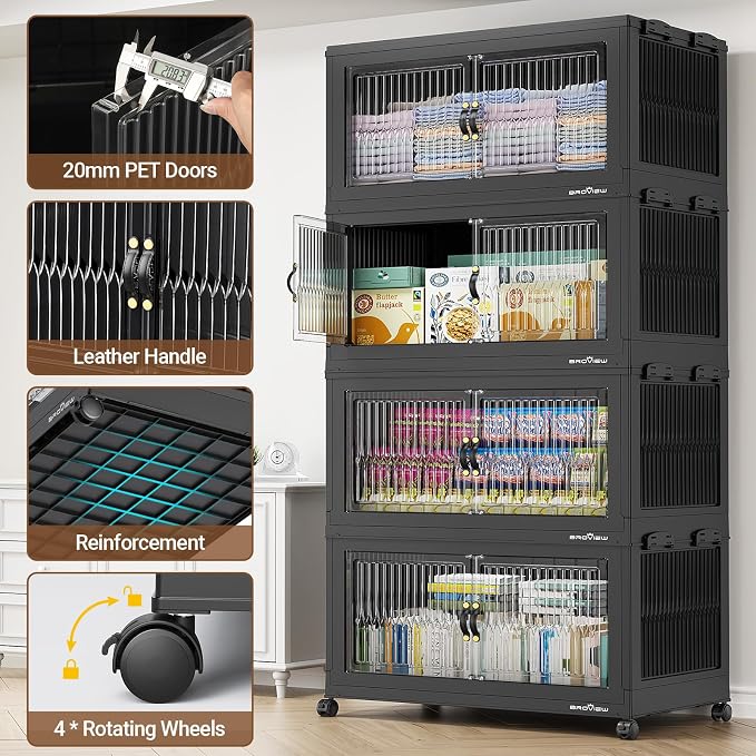BROVIEW 600QT Extra Large Stackable Storage Bins with Lids, 3Pack Black | 150Gal Plastic Collapsible Cabinets Containers, Wheels & PET Doors, Foldable Closet Organizers Drawers for Office, Dorm