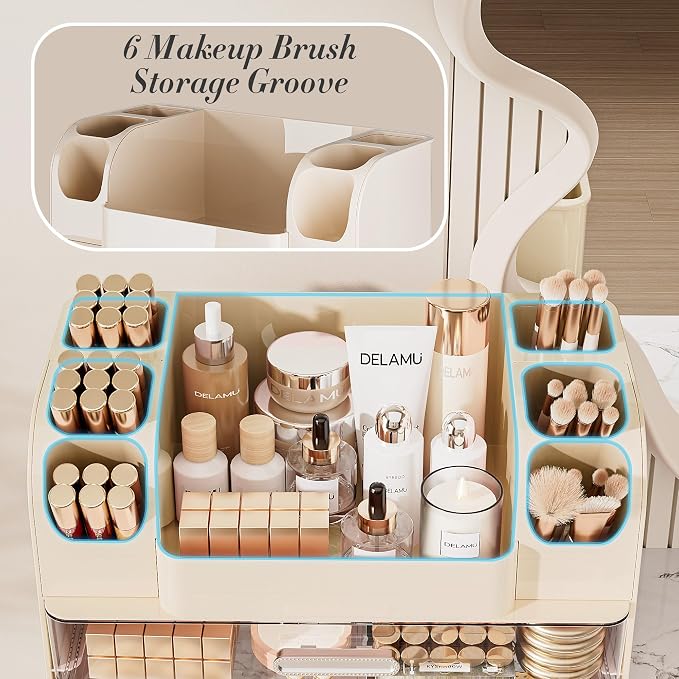 Delamu Large Makeup Organizer Countertop with 6 Brush Holders, Cream White