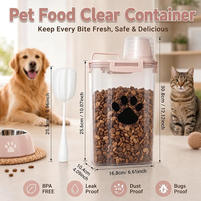 Dog Storage Container with Cleaning Brush and Measuring Cup | Airtight Portable Pet Food Containers with Upgraded Large Spout and Cup for Dogs,Cats,Birds,Small Animals(White)