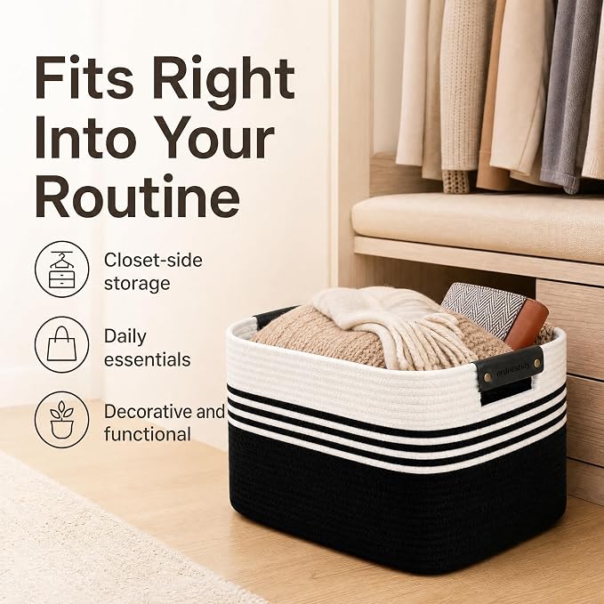 Cotton Rope Laundry Basket Medium, 15.4GAL Collapsible Woven Storage Baskets for Living Room Kids Toys Stuffed Animal,Boho Rectangular Decorative Short Hamper for Dirty Clothes, Blankets White Black