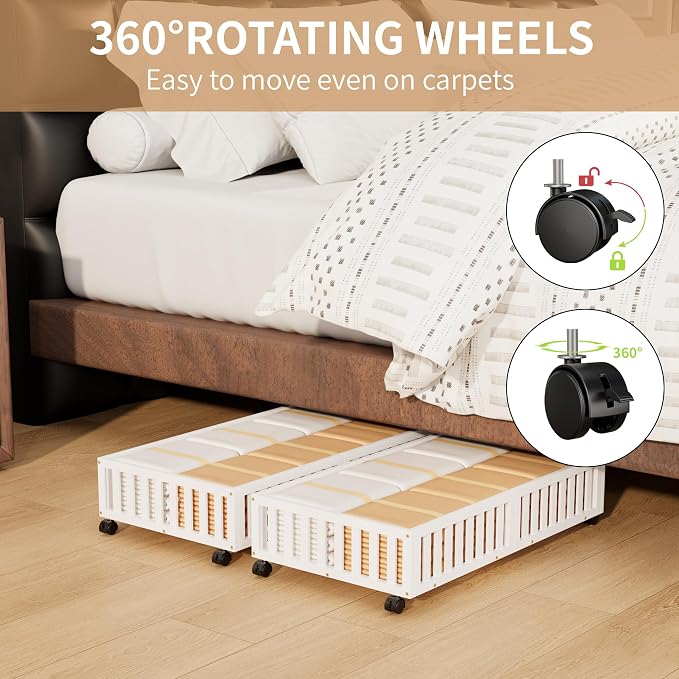 Under Bed Storage with Wheels, 2 Pcs Bamboo Drawers for Clothes and Toy | 360° wheels glide smoothly, Sturdy bamboo frames hold clothes, shoes, bedding and toys. Easy pullout access keeps rooms tidy