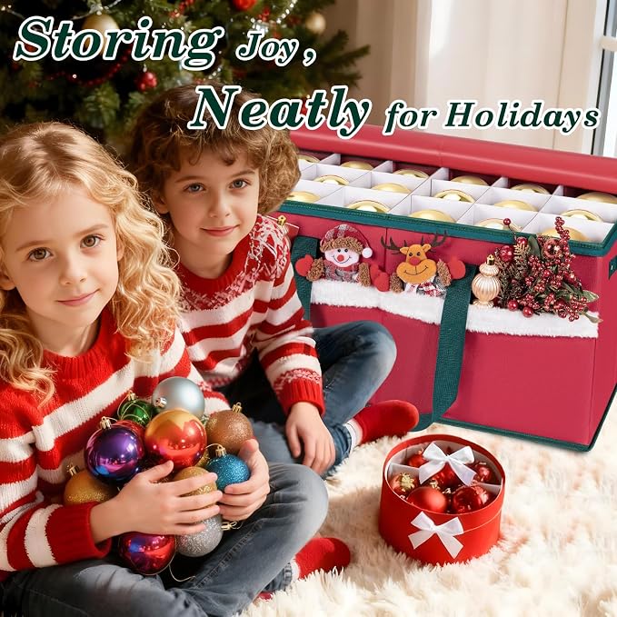 Christmas Ornament Storage Box with Adjustable Dividers Zippered Top Stores up to 54 Holiday Ornaments (4 Inch) Xmas Ball Decorations Organizer Storage Container Bin