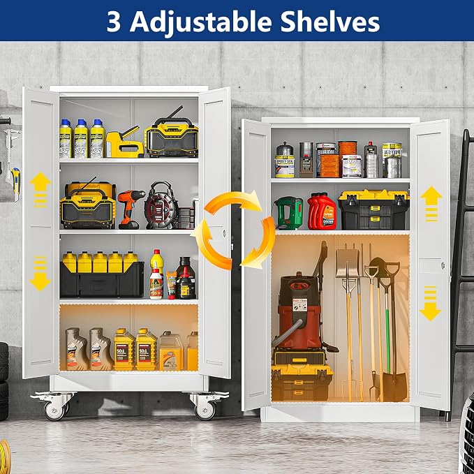 Ckzbx Metal Garage Storage Cabinet with Locking Doors and Adjustable Shelves,61" H Rolling Tool Storage with Wheels for Garage,Office (White)