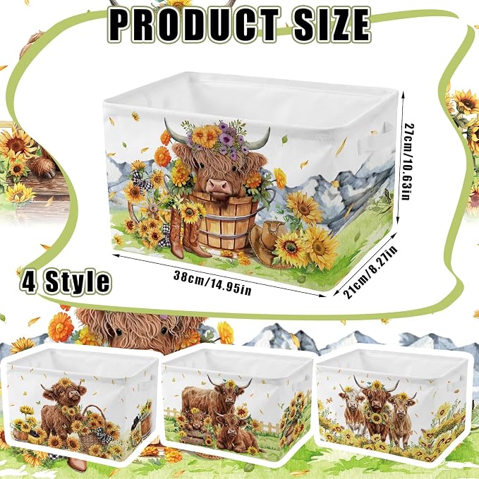 4 Pcs Highland Cow Storage Bin Collapsible Western Cow Themed Fabric Storage Basket with Handle American Country Style Organizer for Home Bathroom Bedrooms Baby Clothes Toys Books