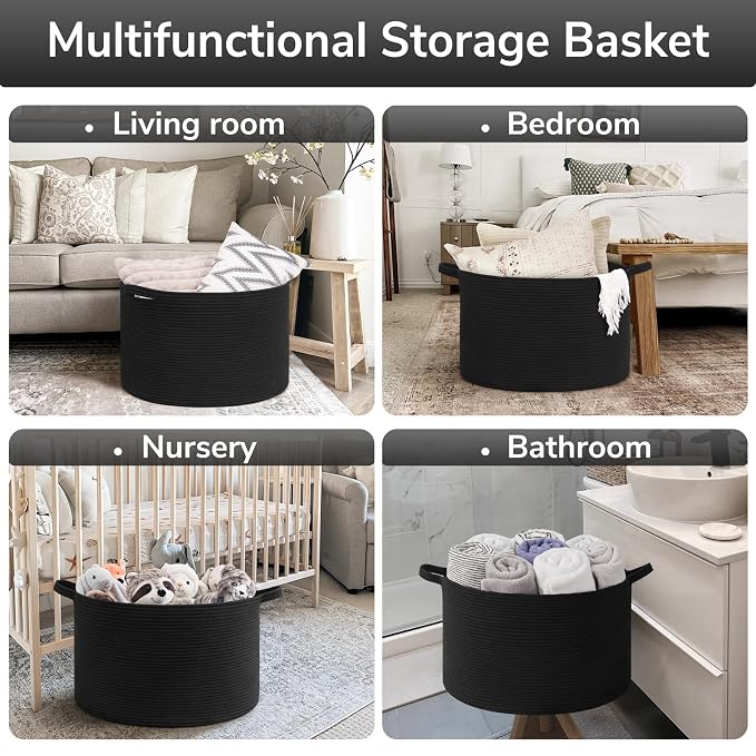 Goodpick Large Woven Dirty Clothes Basket for Nursery & Living Room, 65L | 19.7 x 19.7 x 12.6 In Storage Basket for Nursery, Blanket Basket for Towels Clothes,,Black