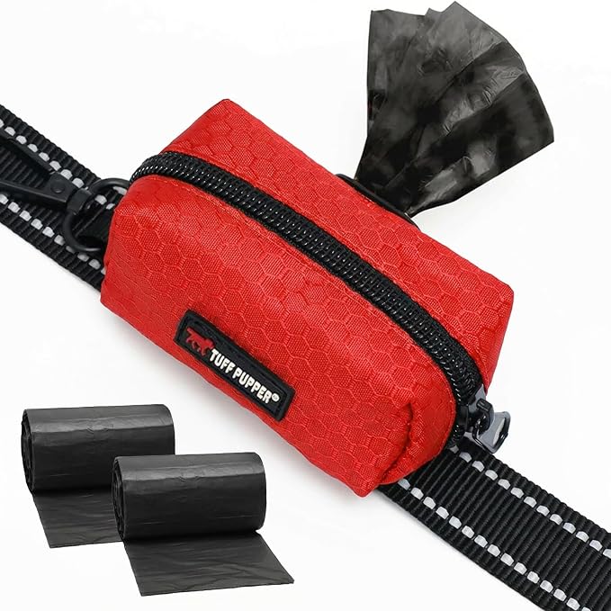 Tuff Pupper Dog Poop Bag Holder | Works with Any Dog Leash | Zippered Waste Bag Dispenser | Waterproof with Rust-Proof Clip | Convenient Lightweight Design | Includes 2 Rolls of Leak-Proof Bags