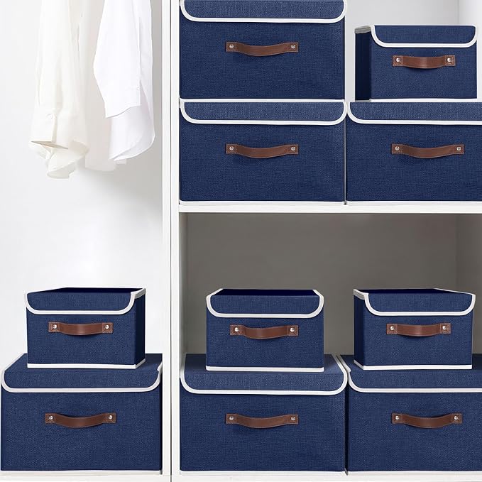 ANMINY Fabric Storage Box Bins with Lids, Blue, 13"x9"x7.9", 4 Pack | Keepsake Memory Storage, Cotton Linen, PP Board Reinforced, Washable, PU Handles, Foldable & Stackable, Decorative, Medium