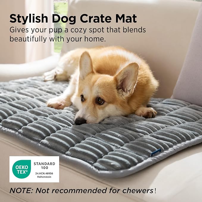 Bedsure ComfyFleece™ Washable Dog Crate Pad,Soft Fluffy Small Pet Mat,24" | Thin Kennel Pad for Crates Topper,Flat Corduroy Fleece Pads for Dog Cages,Nonslip Bottom,Not Chewproof,Grey