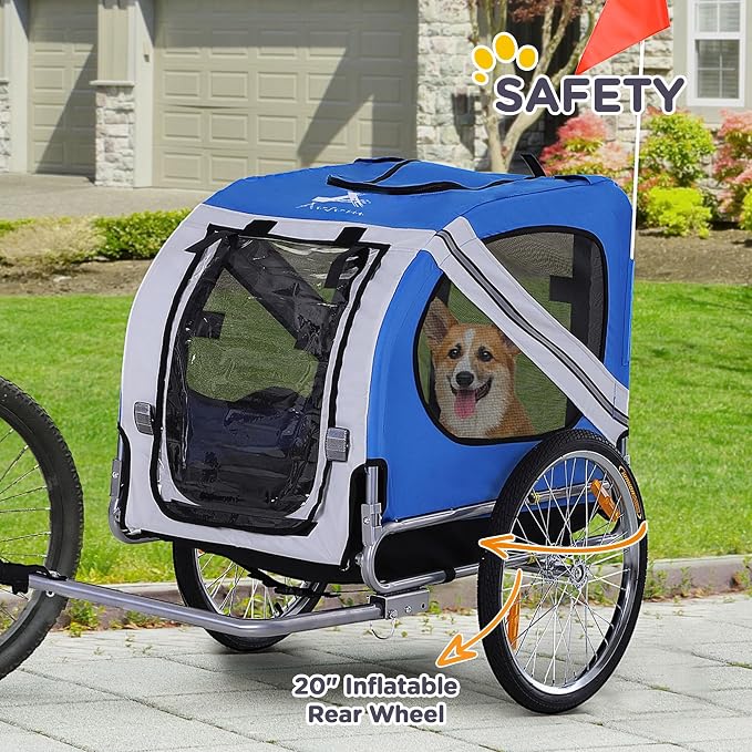 Aosom Dog Bike Trailer Easy Folding Cart Frame 20" Wheels | Pet Wagon Bicycle Trailer, Large Rubber Wheels, 3 Entrances, Mesh Screen, Off-Road and Travel