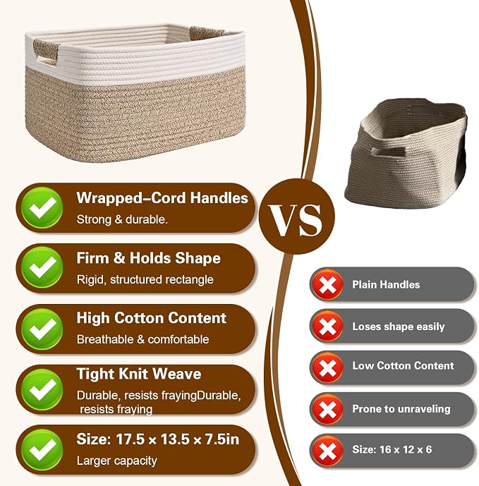 3 Pack Large Storage Basket for Organizing, 17.5"x13"x7" Woven Basket for Shelves, Closet Cube Storage Bins with Wrapped Handle, Cotton Rope Baskets for Kitchen, Clothes, Toys(Off White & Brown)
