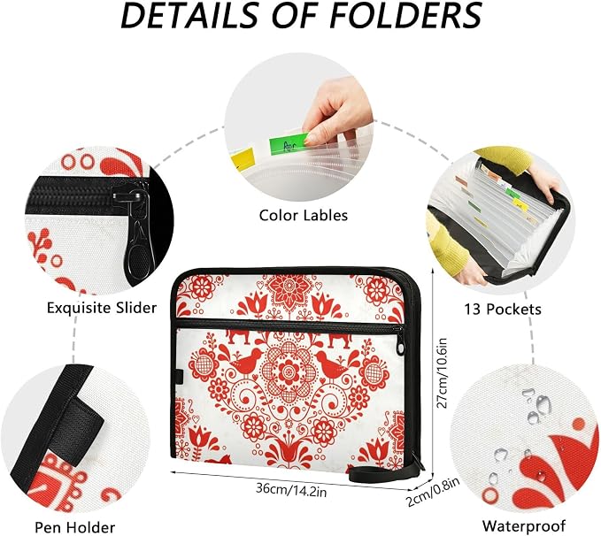 Red Nordic Folk Art Pattern Expanding File Folder with Sticky Labels, 13 Pockets Accordion File Folder Document Organizer Expandable Zip File Folder with Zipper Closure