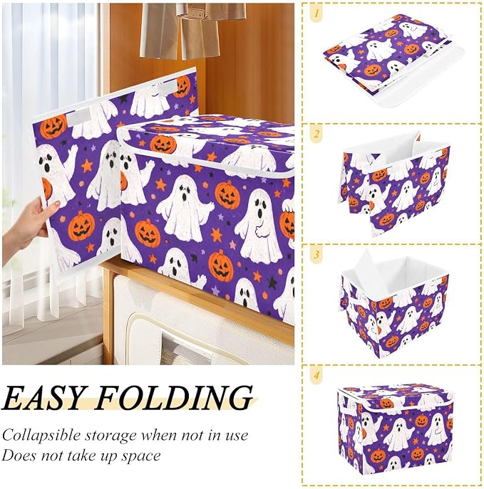 Halloween Ghost Storage Bins with Lids Closet Bedroom 40L Fabric Bin | Decorative Storage Boxes, Foldable & Stackable, Dust-Proof Flip Top, Reinforced Handles, For Home & Dorm, Clothes & Toy Box