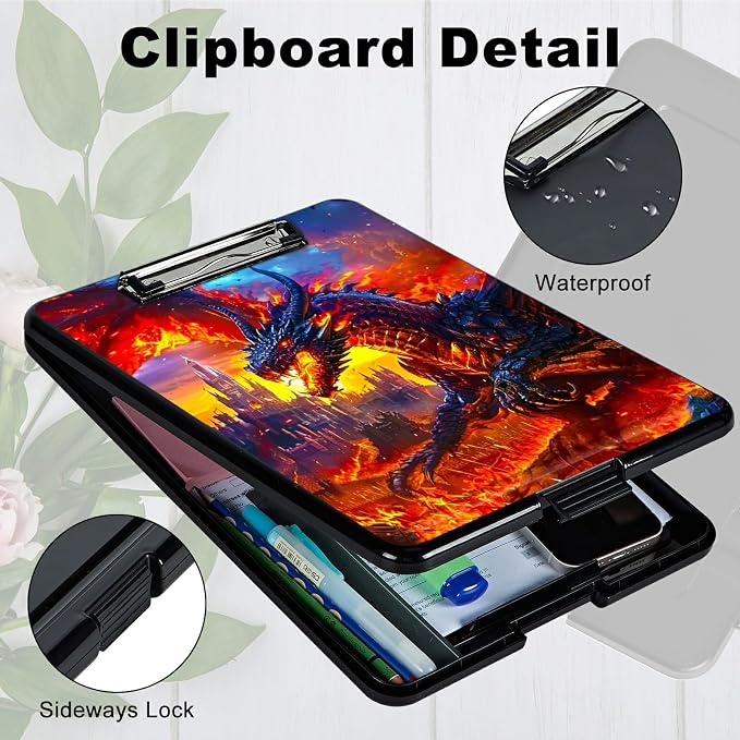 Castle Flaming Dragon A4 Clipboard with Storage Pen Holder, Clipboards Organizer Nursing Clipboard Foldable File Folder Plastic Clipboard Folio Clip Board for Office Students Classroom