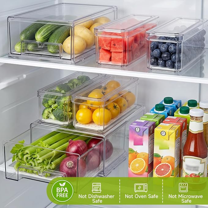 6Pack Fridge Organizers and Storage with Drain Trays,BPA-Free PET,Stackable | 2 Pull-Out Organizers & 4 Containers with Drain Trays For Fruit, Vegetable, Drink, Snack Food Storage
