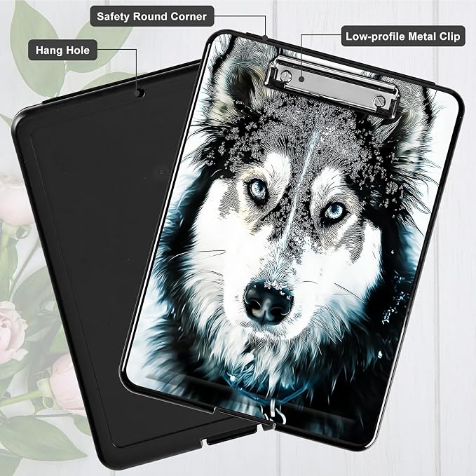 Heavy Duty Storage Clipboard, Slim Nursing Clipboard with Internal Pen Case, Portable File Organizer Case for A4 Letter Size Paper Office Medical Professionals, Huskies in Snow