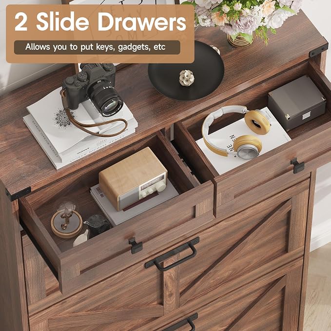 Halitaa Shoe Cabinet with 3 Flip Drawers & 2 Drawers,Freestanding Shoe Storage Cabinet for Entryway,Farmhouse Narrow Slim Organizer Rack for Foyer,Hallway,Dark Walnut