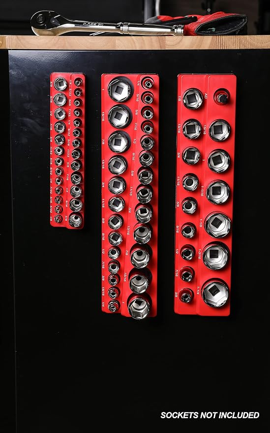 ARES 60035 3-Pc 1/4,3/8,1/2-In Red/Green SAE Magnetic Socket Organizer | Part No. 60035; RED -Includes 1/4 in, 3/8 in, 1/2 in Socket Holders