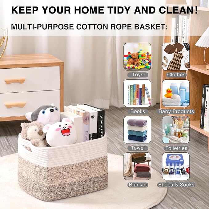 Storage Baskets for Organizing Shelves, Woven Cotton Rope Basket for Storage, Decorative Baskets for Shelves, Soft Basket for Living Room Bedroom, 14.8"×11"×9.5", Pack of 3, Gradient Brown