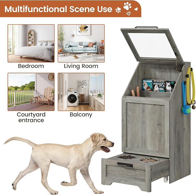 Dog Feeding Station with 2 Elevated Dog Bowls | Pet Feeding Station,Flip Top Pet Food Cabinet,Pet Food Container,Pet Toy Storage Organizer,Modern Storage Organizer, Grey