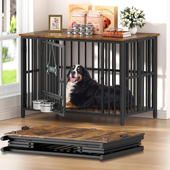 Easycom Foldable Dog Crate Furniture for Large Dogs 35-60 lb, Rustic Brown | Dog Cage with Adjustable Bowls and Name Tag, No Assembly Decorative Wooden Dog Kennel Indoor, End Table