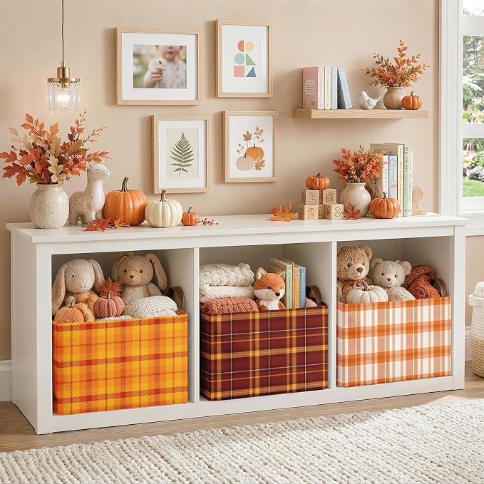 Britimes Fall Storage Baskets for Gifts, Fall Toy Storage Bins Box, 3 Pcs | Thanksgiving Autumn Orange Canvas Collapsible Baskets Organizer with Handles Nursery Decor Laundry Basket for Shelves Closet