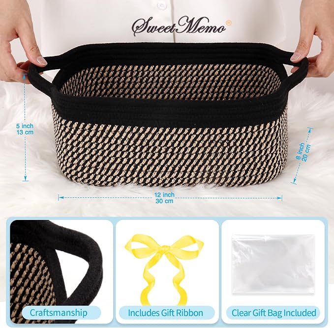 Gift Basket Empty with Handles, 12x8x5 inch - Small Woven Basket for Baby Nursery, Toys, Towels, Wedding, Birthday Gifting - With Gift Bag & Ribbon (Black Brown, 1PC)