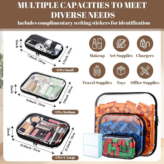 12 Pack Clear Hard Shell Zipper Case with 40 Labels, X-Large/Medium/Small Stackable Clear Pouches, Crush-resistant Travel Toiletry Bag Organizer for Makeup Board Games Electronics (Black)