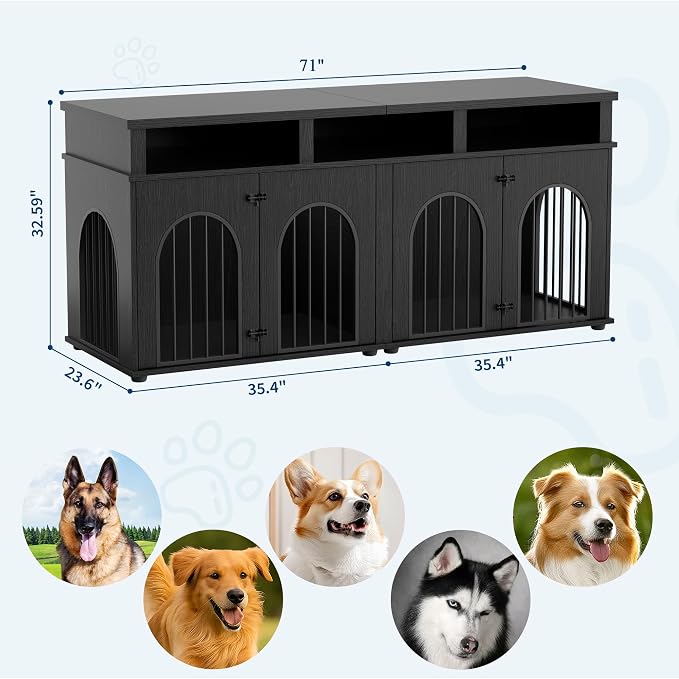 Garvee Double Dog Crate Furniture 71 in Dog Kennel Furniture for 2 Medium Dogs, Heavy Duty Dogs Cage XL Dogs House Indoor with 3 Storage Shelves, Large Puppy Crates with 8 Adjustable Feet