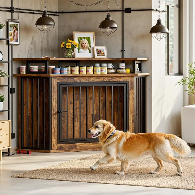 IRONCK 51" Large Corner Dog Crate Furniture with 2-Tier Storage Shelves | 10mm thickened iron frame. 2-tier shelves and 200 lb top. Space-saving design. 26.7" L x 51.2" W x 33.5" H. Rustic Brown