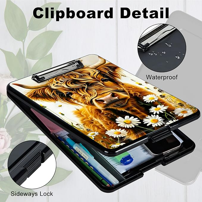 Flower Yellow Cow A4 Clipboard with Storage Pen Holder, Clipboards Organizer Nursing Clipboard Foldable File Folder Plastic Clipboard Folio Clip Board for Office Students Classroom Doctor