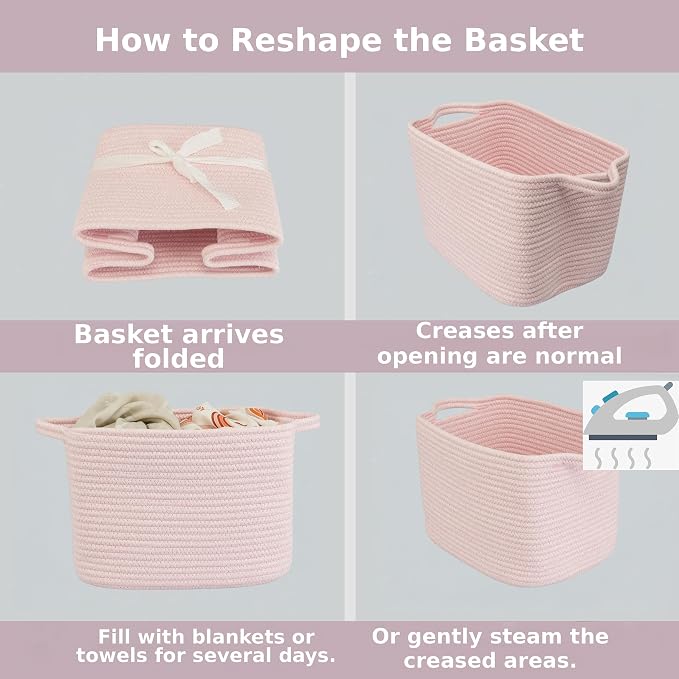 XUANGUO Woven Cotton Rope Storage Basket with Handles 13x10x9 inch Pink | Woven cotton rope basket for shelves and closets. Perfect for toys, books, clothes, nursery storage and gift baskets.