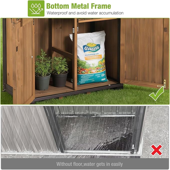 GUTINNEEN Outdoor Storage Shed with All Around Strong Metal Frame, Garden Tool Sheds Cabinet with Floor & Adjustable Shelves, Wooden Tool House for Backyard Garden Patio Lawn 67.1" H (Dark Brown)