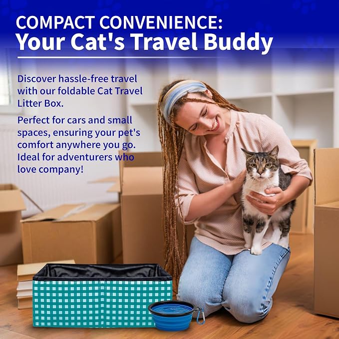 Pet Fit For Life Vibrant Collapsible Travel Cat Litter Box 16"x12"x5" Teal | Portable, Foldable Pop-Up Litter Box with Bonus Water Bowl. Compact Design Folds Flat for Travel, Camping and Home Use.