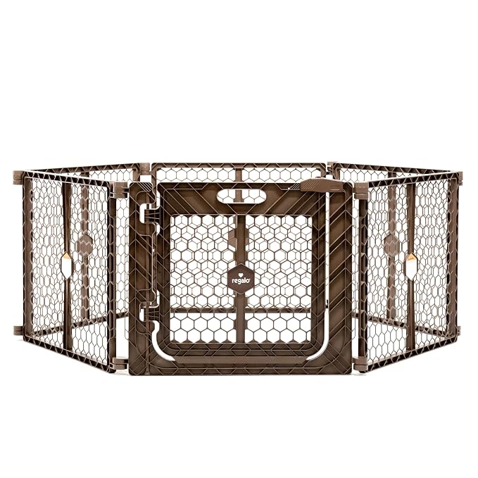 Regalo Safety 192" Plastic Super Wide Baby Gate & Play Yard with Door | Adjustable Playpen, For Doorways & Open Spaces, For Babies, Toddlers & Pets, Brown, Tested & Trusted for 30 Years