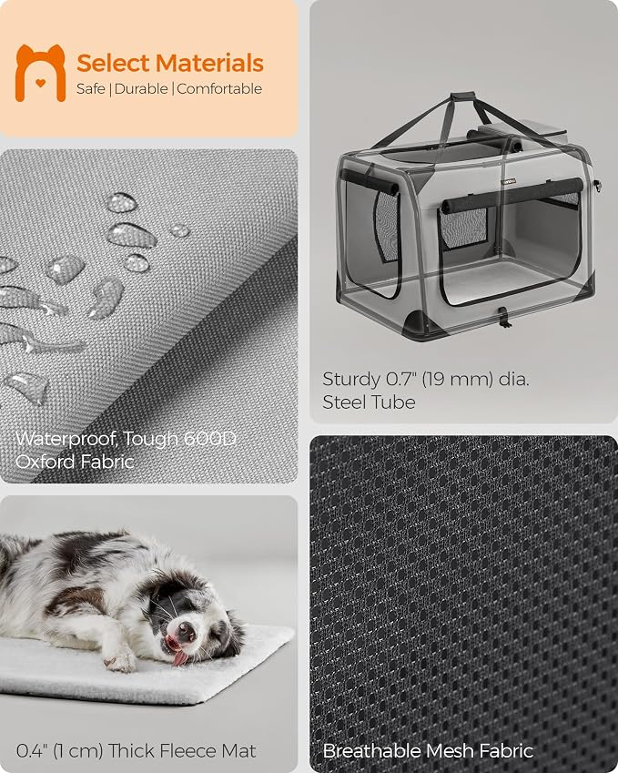 Feandrea Collapsible Soft Dog Crate, Portable Travel Carrier, 32 Inches | Dog Kennel with Safety Zippers, for Indoor and Outdoor Use, Smoke Gray, UPDC090G02