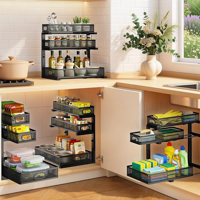 Under Sink Organizer 3 Tier, 2 Pack L-Shaped Pull-Out Cabinet Organizer with Sliding Metal Mesh Drawers, Height Adjustable Under Sink Storage Rack for Kitchen Bathroom Cabinet, Black