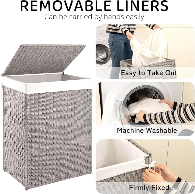 OIAHOMY Laundry Hamper with Lid, 90L(23.8 Gal) Large Wicker Laundry Basket for Bedroom, Handwoven Paper Rope Clothes Hamper with Washable Liner & Metal Frame, Decorative Organizer for Bathroom Grey