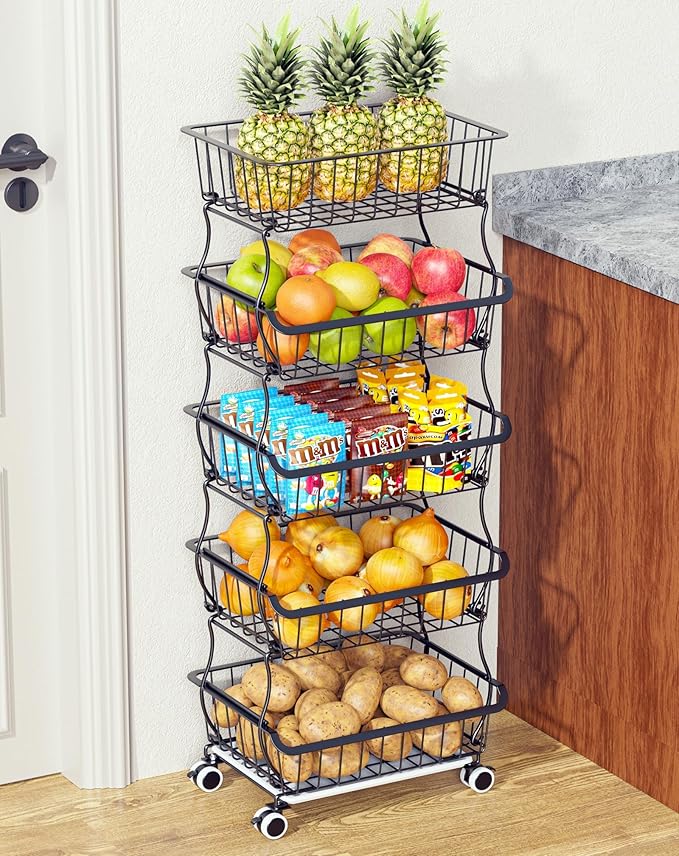 OKZEST 5 Tier Fruit Basket for Kitchen, Stackable Bins Wire Rack with Wheels, Fruit and Vegetable Storage Basket Pantry Food Snack Organizer Shelf, Kitchen Storage Cart for Onion and Potato, Produce | Kitchen pantry organizer rack with dirt catch tray,...