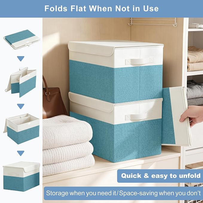 Large 22 Quart Linen Fabric Foldable Storage Bin Cube Organizer Basket with Flip-Top Lid & Handles, Clothes Blanket Box for Home, Office, Closet, Teal & White, 4 Pack 14.6 x 9.5 x 9.5