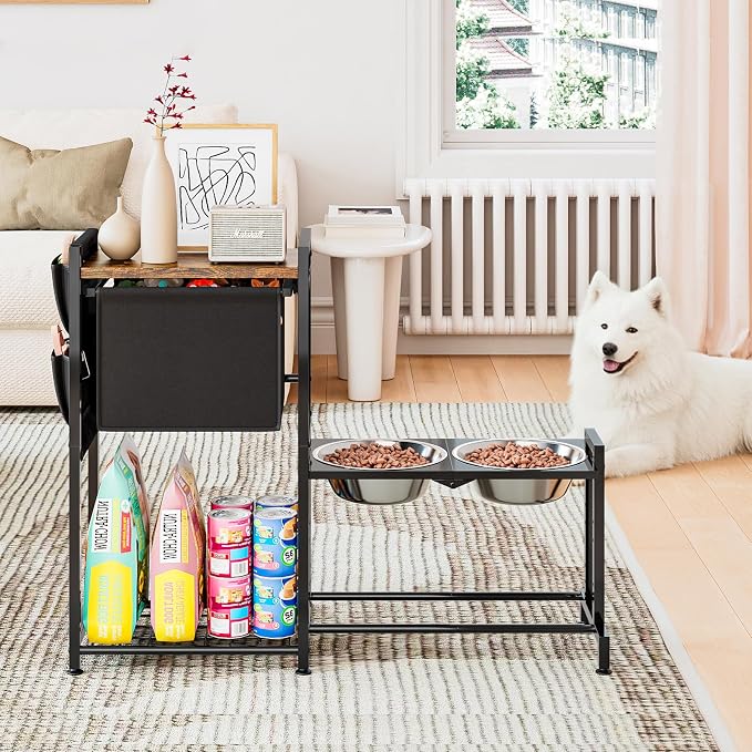 INGIORDAR Elevated Dog Bowls Stand Adjustable Raised Station Toy Bin Basket | Metal Pet Food Feeder Dish Station Non-Slip Dog Bowl Stand Stainless Steel Food Water Bowl for Medium Large Small Dogs
