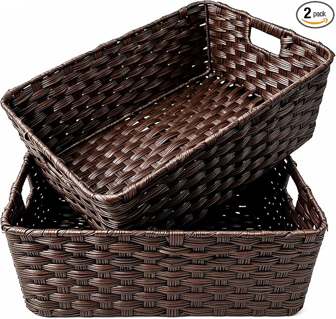 Large 2-Pack Plastic Wicker Storage Baskets, 17"x13"x5.5", Brown | onlytak Woven Baskets for Laundry, Closet, Living Room, Shelf Organization, Cat Bed