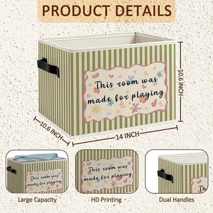 Kids Boy Girl Nursery Playroom Foldable Storage Bins Box with Handles, This Room Is Made for Playing Striped Decorative Storage Boxes Baskets Toybox Organizer for Kids Nursery Room Bedroom